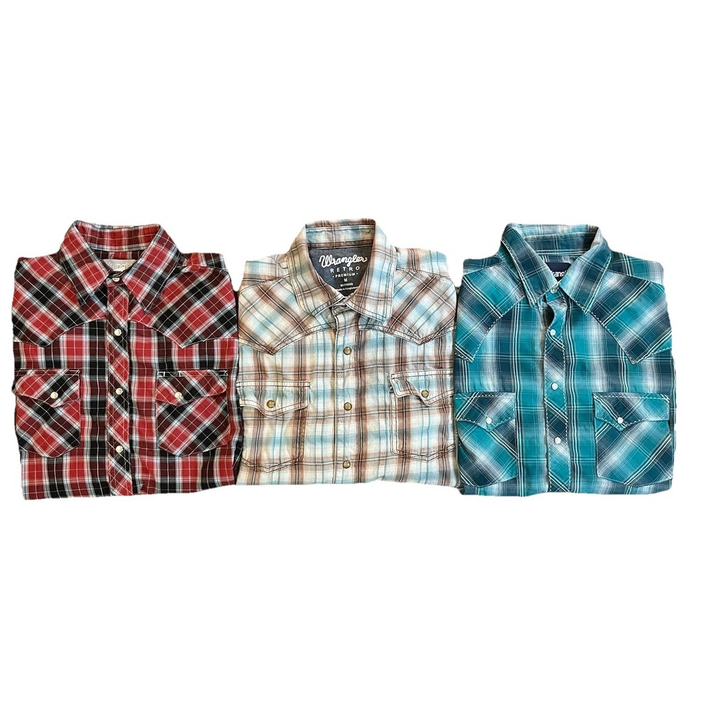Lot of 3 Wrangler Western Pearl Snap Shirts Men's Medium Plaid Long Sleeve